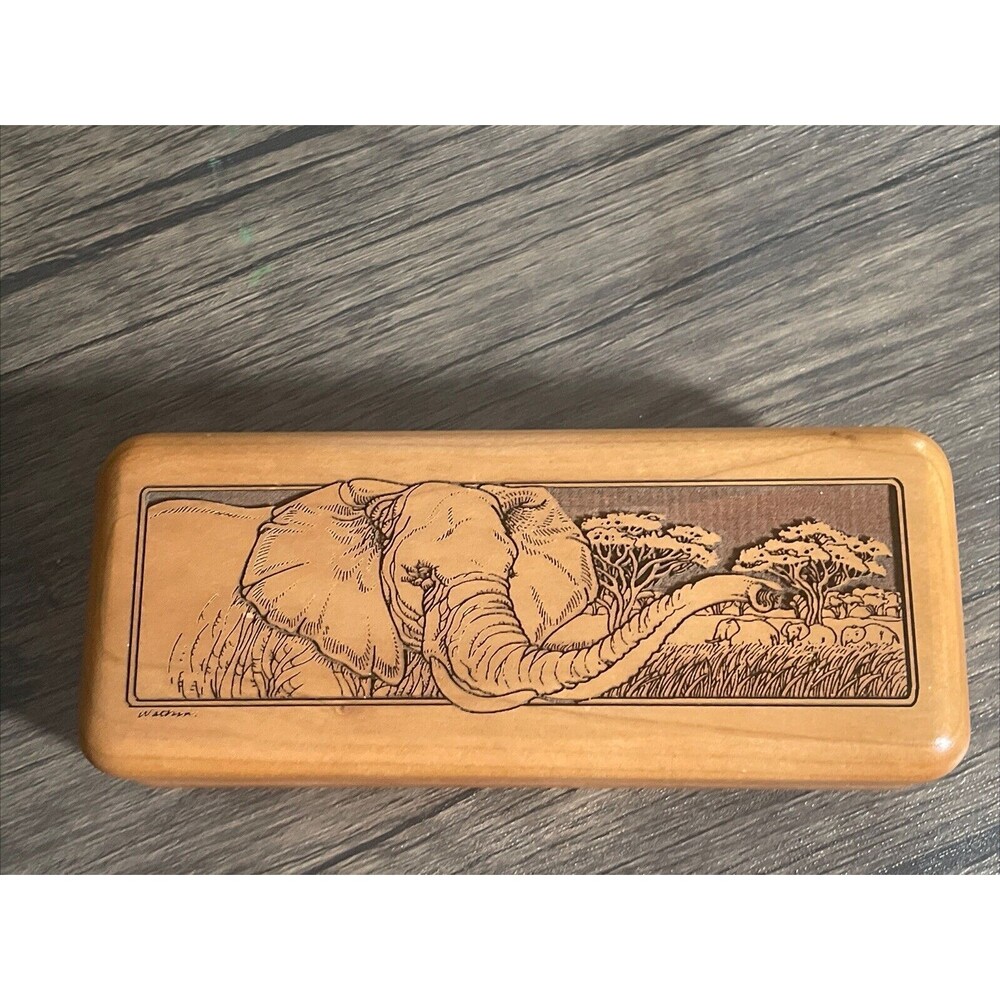 Wilderness Woods Elephants Hinged Trinket Box Laser Carved Vintage made in USA